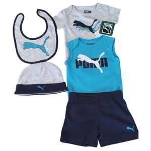 Puma Baby Boys Bodysuit Short Sleeves 3-6 Months Shorts Beanie Bib 5-piece Set